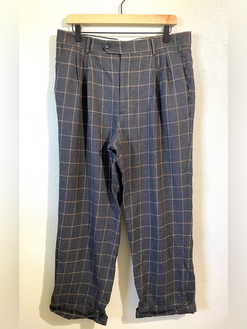 Paul Frederick Gray Tan Windowpane Plaid Wool Dress Pants Pleated Classic Fit